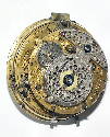 Quarter repeating pocket watch movement.
Repeating watches were always expensive and uncommon, and this 18th century watch is a particularly rare example. The verge watch movement has solid silver engraved balance cock and a diamond endstone. Pressing a lever causes it to strike the hour and quarters. 

