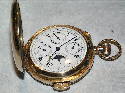 This fine Swiss watch was brought in by a member of the public for appraisal. It was not displayed in the exhibition.
Quarter repeating, with dials for date, day, month and moonphase.
18 ct gold case